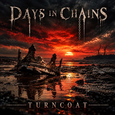 Turncoat cover art, a broken crown in black water under a blood red sky